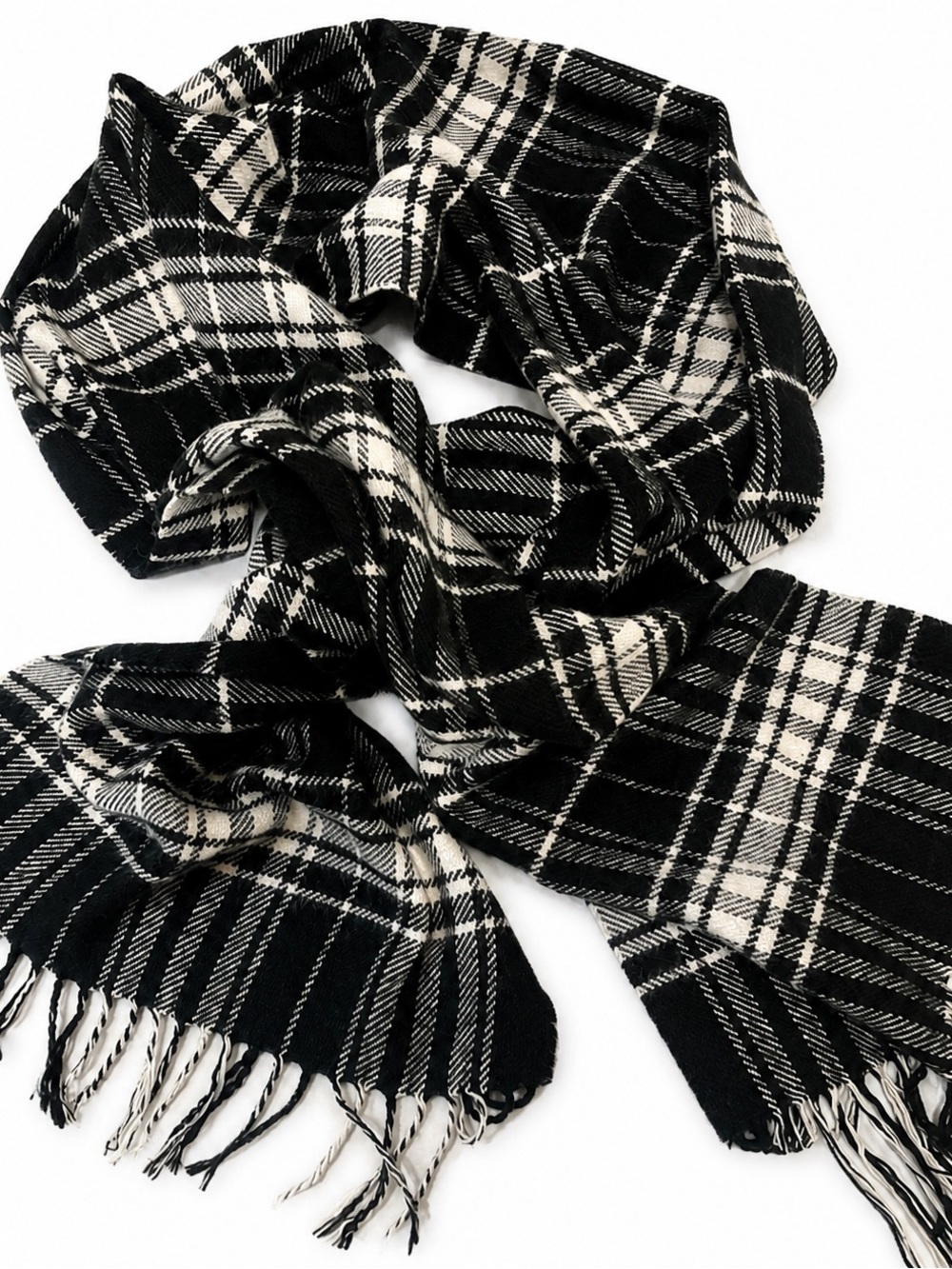 Source Unknown Black and Cream Plaid Fringed Scarf Wrap